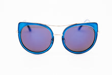 Load image into Gallery viewer, Large Blue Oval Cat Eye Sunglasses Brow Bar Mirror lens
