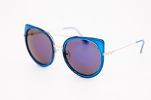 Load image into Gallery viewer, Large Blue Oval Cat Eye Sunglasses Brow Bar Mirror lens