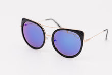 Load image into Gallery viewer, Black Oval Cat Eye Sunglasses Brow Bar blue Mirror lens