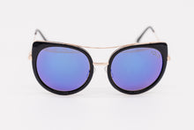 Load image into Gallery viewer, Black Oval Cat Eye Sunglasses Brow Bar blue Mirror lens
