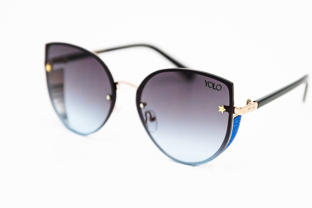 Blue Lens Rimless Cat Eye Blue Glitter Shield Sunglasses