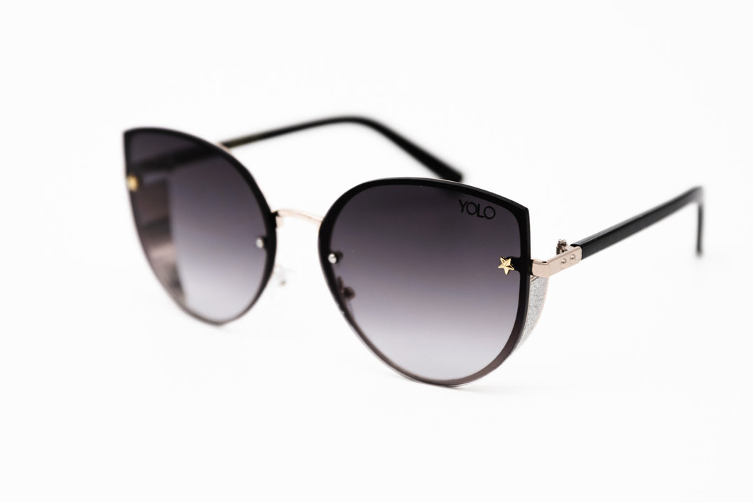 Black Lens Rimless Cat Eye Gold Shield Sunglasses