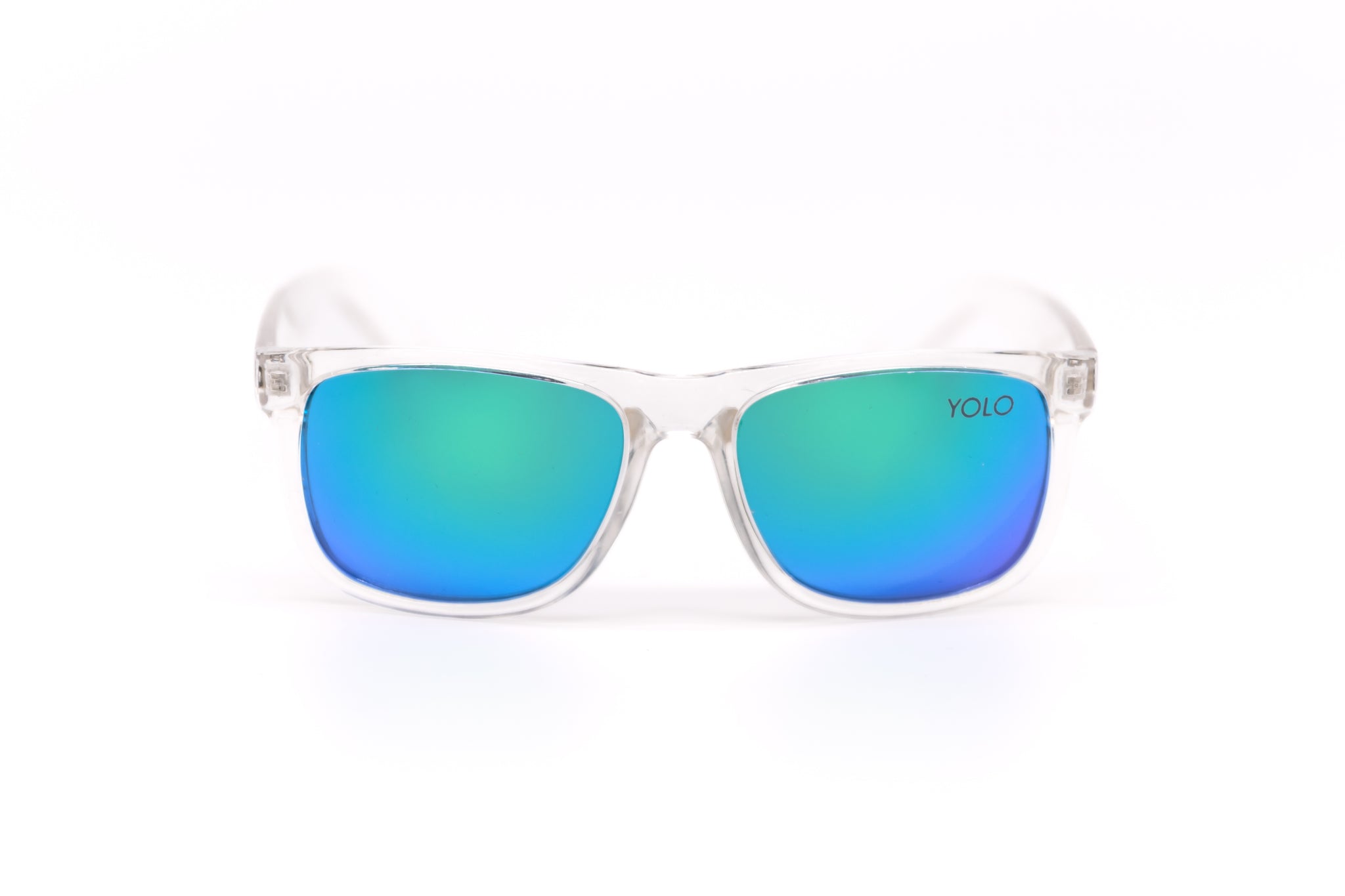 Polarized Sport Sunglasses Clear Framed Mirror Lens Yolo Eyewear Turquoise Blue Green Mirror Lens with Clear Frame